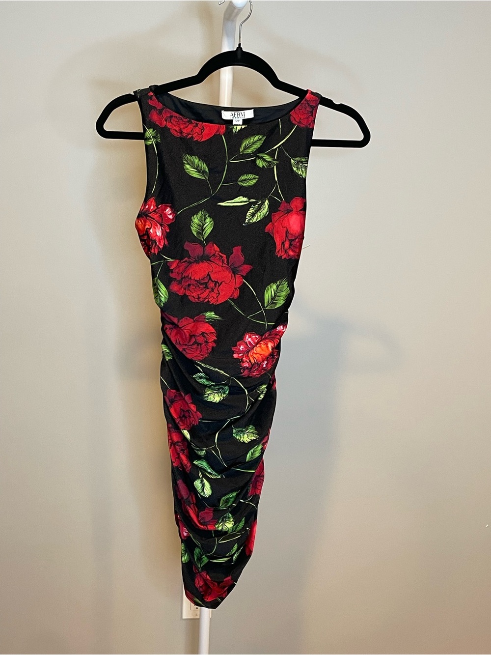 AFRM Black Midi Dress with Red Rose & Green Leaf Print Small NWOT